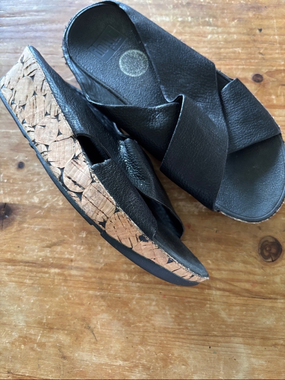 FitFlop Black Leather Cork-Wrapped Crisscross Wedge Sandals